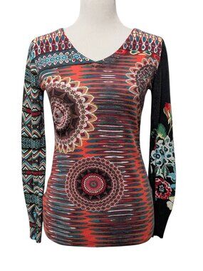Desigual Womens Size M Artsy Kaleidoscope V-Neck Long Sleeve Pullover Cotton Top